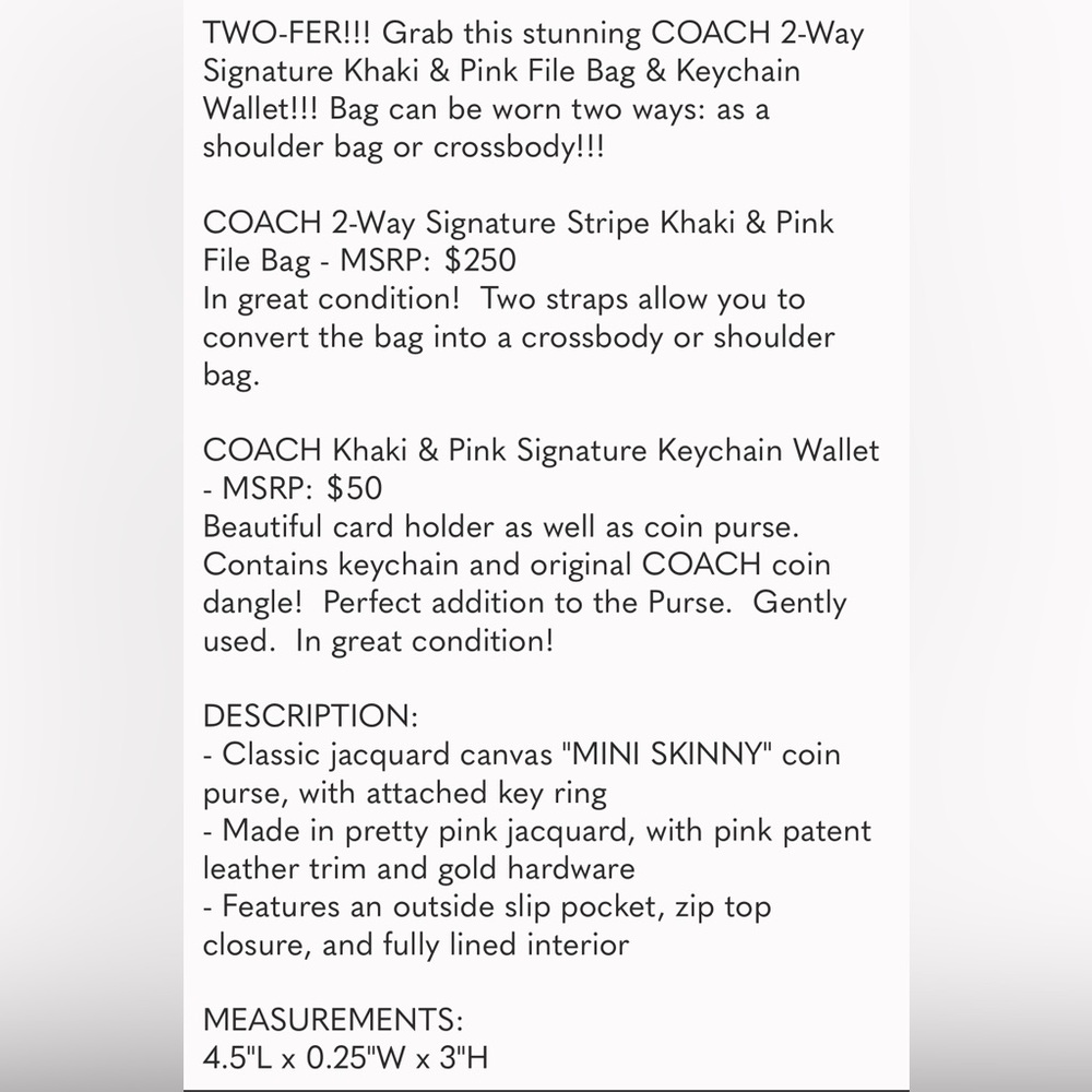 PURSE AND WALLET: COACH 2-Way Signature Khaki & Pink File Bag & Keychain Wallet - Picture 11 of 11